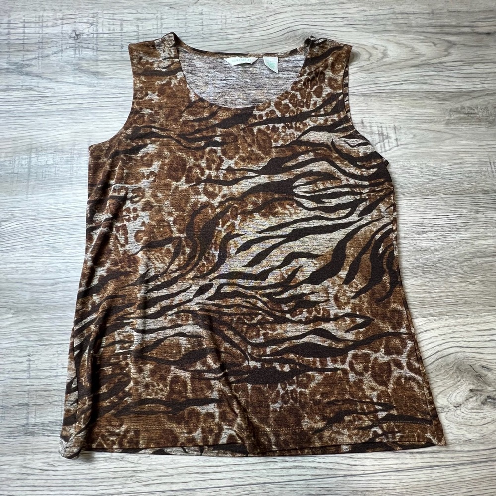 Laura Ashley Tank Top Womens Medium Brown Animal Print Sleeveless Scoop Neck Tee